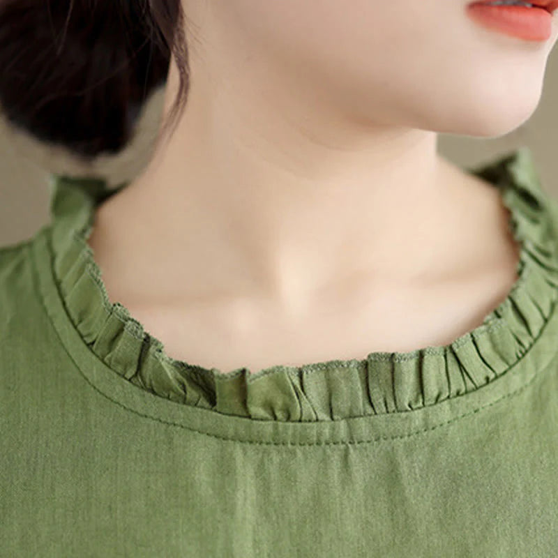 Buddha Stones Summer Ruffled Design Drawstring Crew Neck Cotton Linen Women's Sleeveless Vest