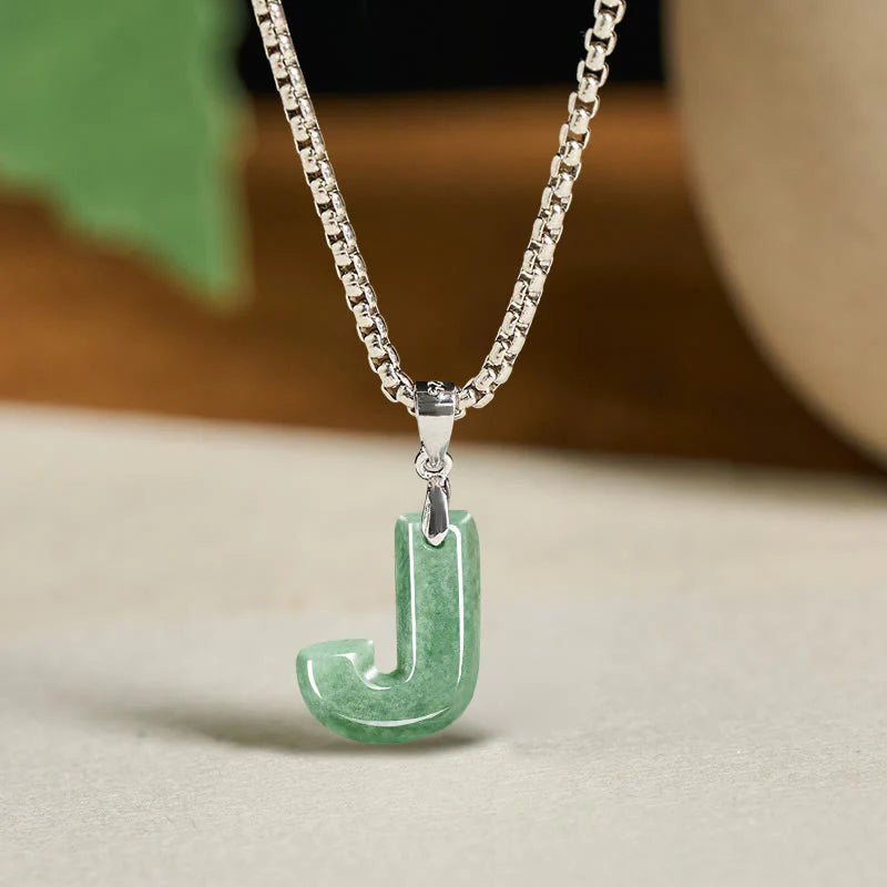 Buddha Stones Natural A-Z Letter Jade Titanium Steel Wide Chain Prosperity Necklace Pendant