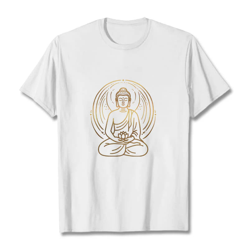 Buddha Stones Golden Meditation Buddha Halo Holding A Lotus Flower Tee T-shirt