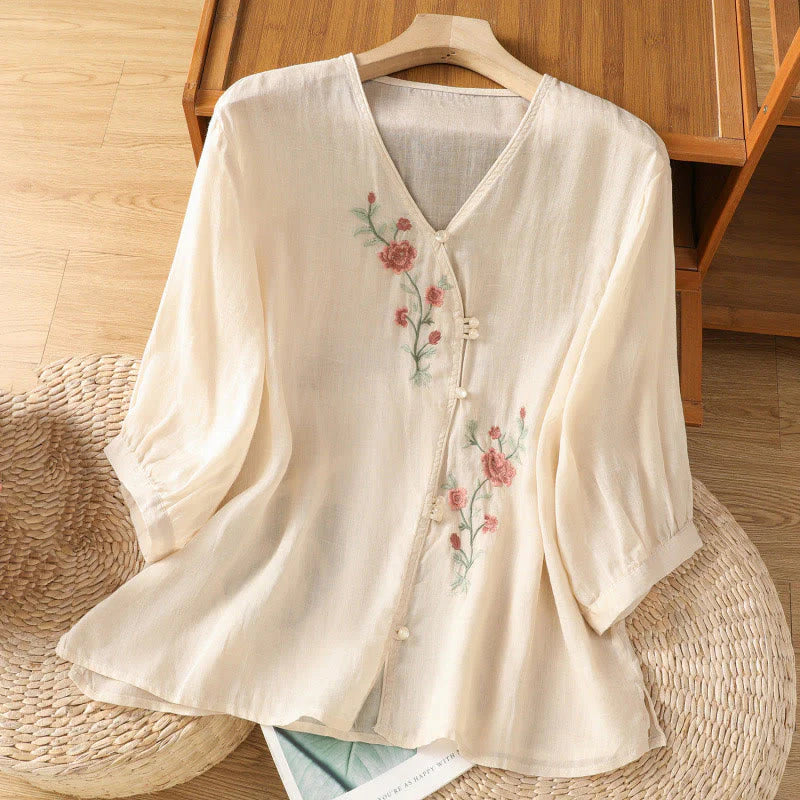 Buddha Stones Embroidered Flowers Cotton Women's V-neck Shirt