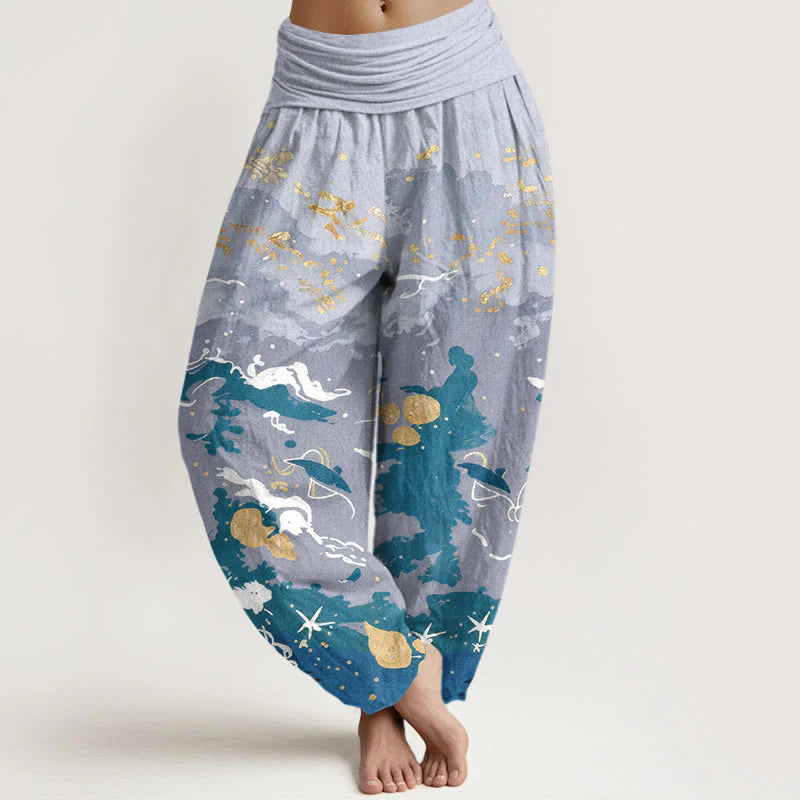 Buddha Stones Cotton Waves Sky Pattern Women's Elastic Waist Harem Pants