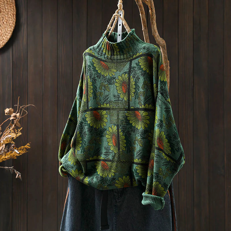 Buddha Stones Sunflower Pattern Mock Neck Long Sleeve Women's Cotton Sweater