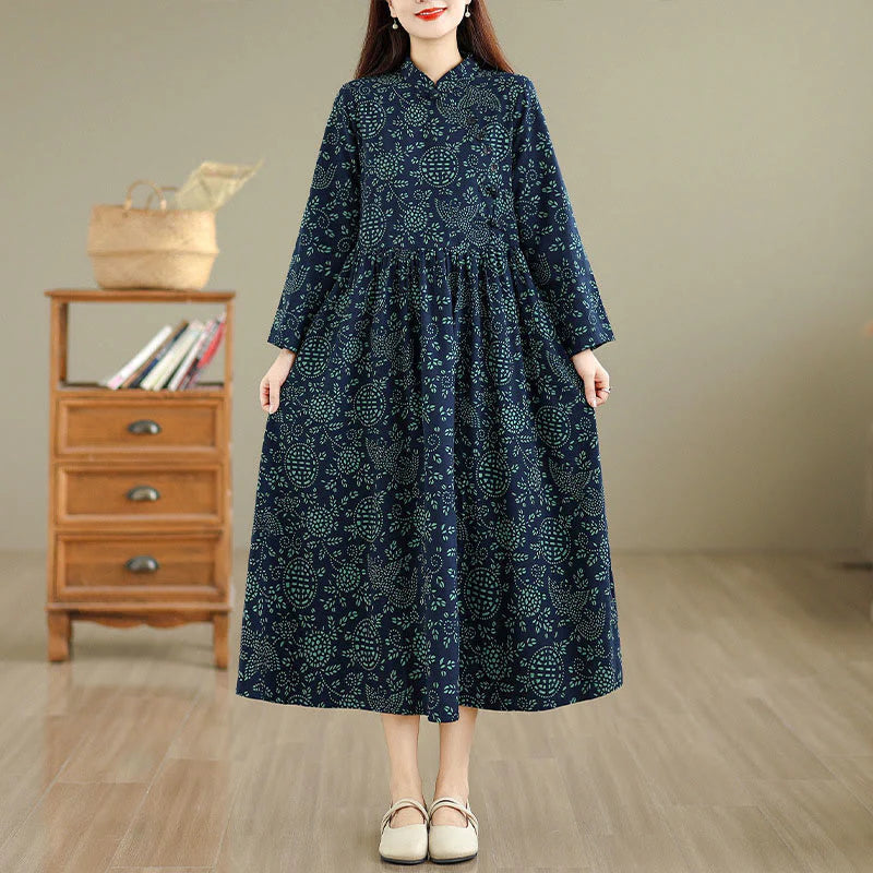 Buddha Stones Printed Floral Long Sleeve Stand Collar Cotton Maxi Dress With Pockets
