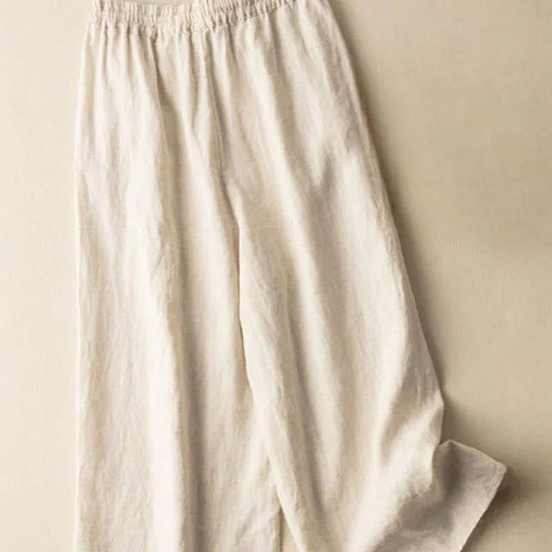 Buddha Stones Casual Embroidery Bohemian Pattern Drawstring Cotton Linen Women's Wide Leg Pants With Pockets
