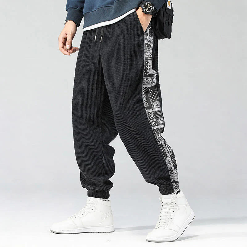 Buddha Stones Fall Solid Drawstring Side Paisley Pattern Straight Leg Ankle-length Corduroy Men's Pants With Pockets
