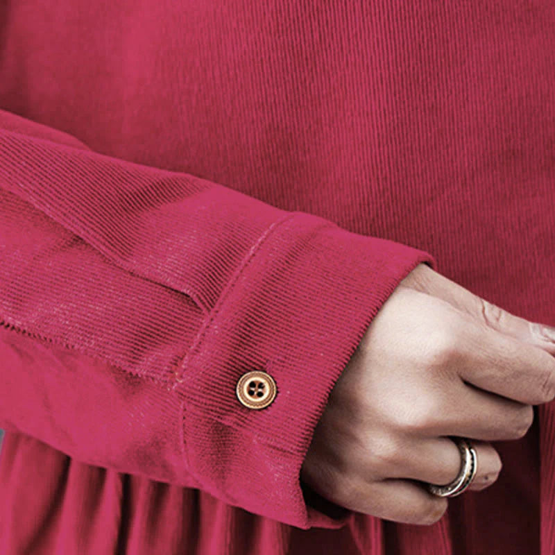 Buddha Stones Fall Buttons Design Long Sleeve Cotton Corduroy Midi Dress With Pockets