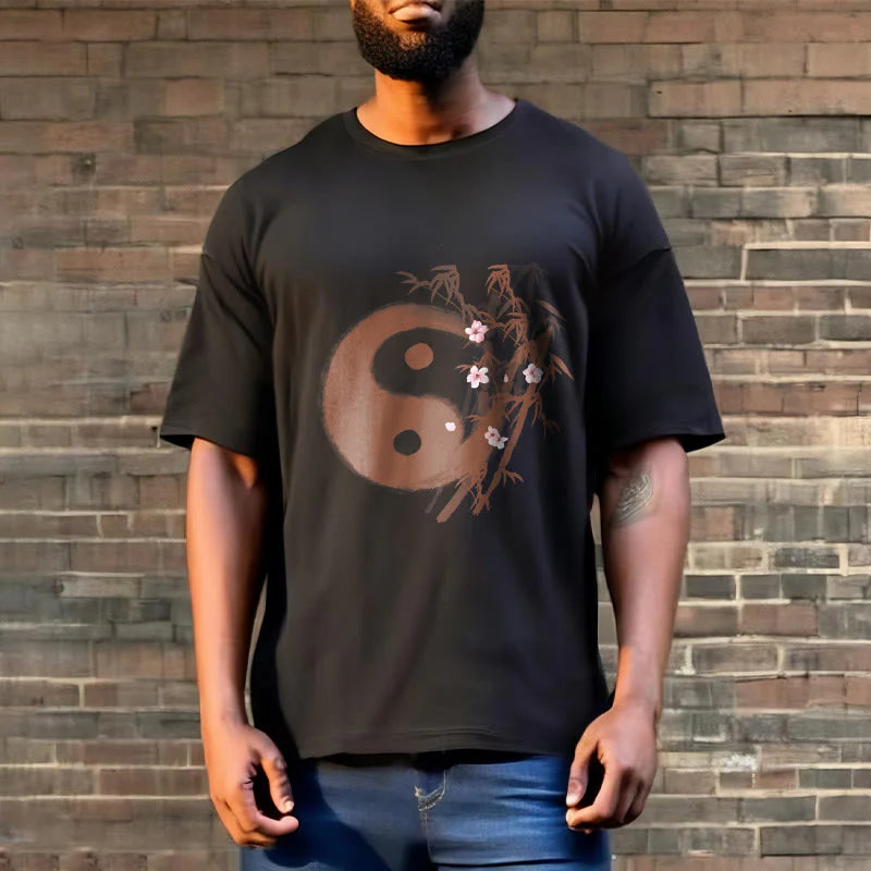 Buddha Stones Yin Yang Bamboo Cherry Blossom Pattern Tee T-shirt