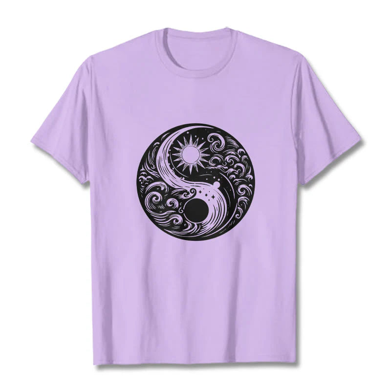 Buddha Stones Sun Moon Waves Yin Yang Pattern Cotton Tee T-shirt