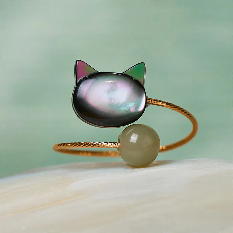 Buddha Stones Sending Protection and Charm Tridacna Stone Cat Ring Includes Gift Message Card