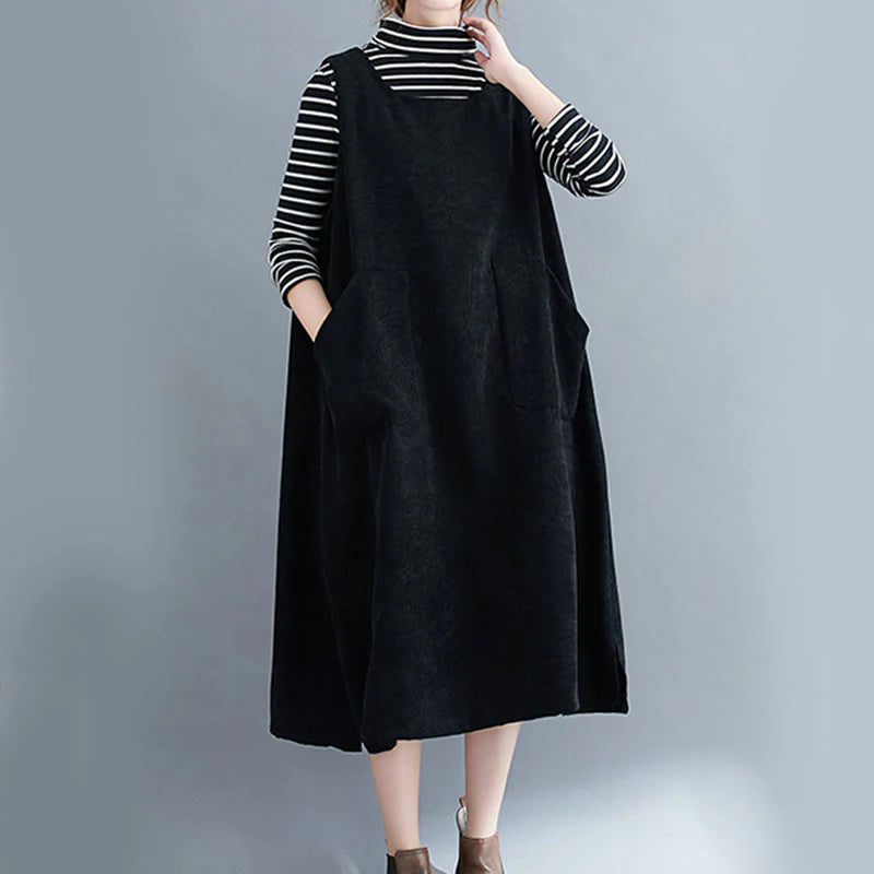 Buddha Stones Commute Crew Neck Women's Sleeveless Cotton Corduroy Midi Dress With Pockets