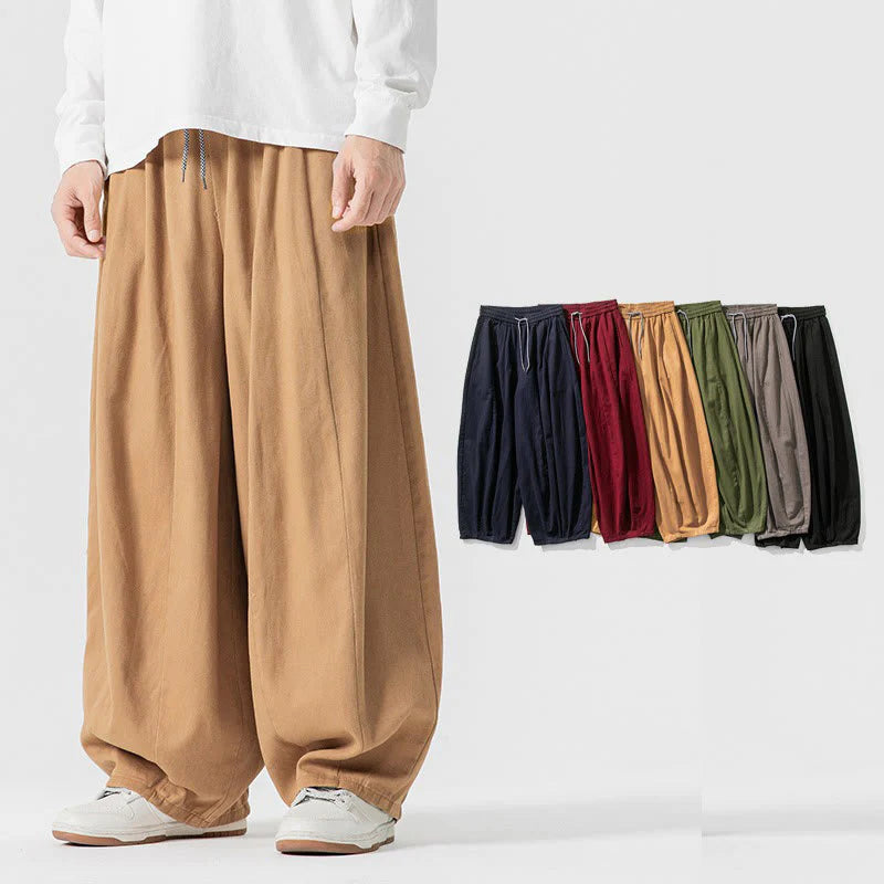 Buddha Stones Fall Solid Color Cotton Elastic Waist Men's Harem Pants With Pockets