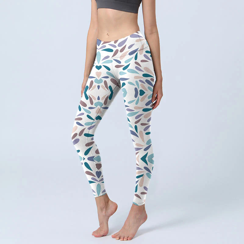 Buddha Stones White Multi Color Block Print Gym Leggings Women's Yoga Pants