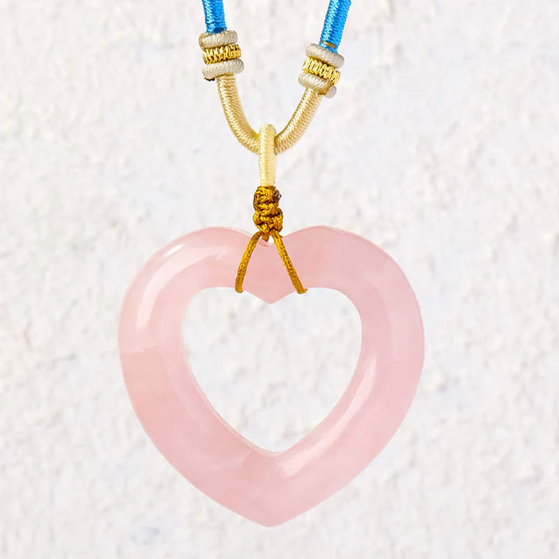 Buddha Stones Natural Rose Quartz Hollow Love Heart Caring Necklace Pendant