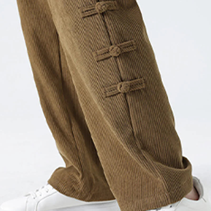 Buddha Stones Fall Solid Frog-Button Men's Drawstring Corduroy Straight Leg Pants With Pockets