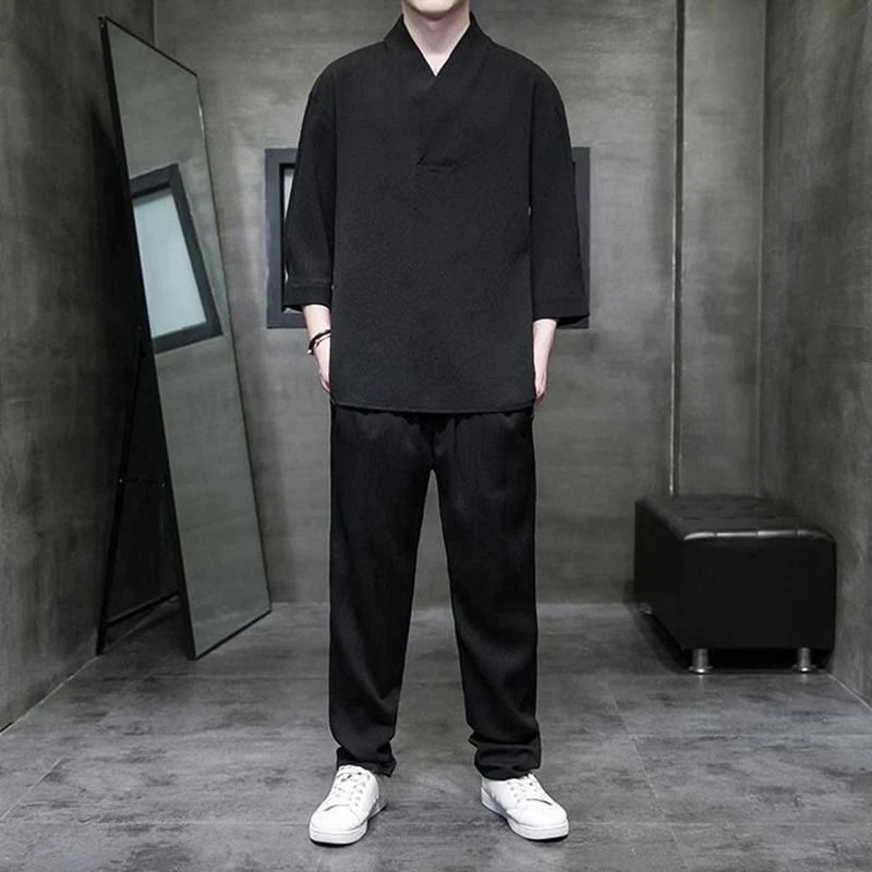 Buddha Stones Solid Color Three Quarter Sleeve Shirt Casual Pants Clothing Men's Set