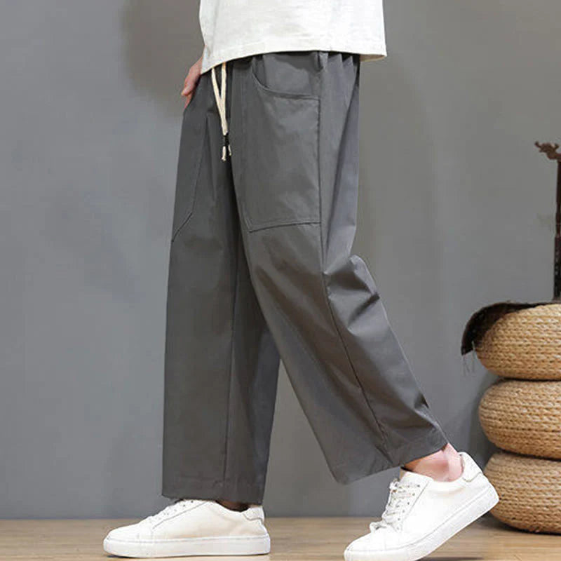 Buddha Stones Summer Solid Color Drawstring Straight Leg 7-8 Length Men's Pants With Pockets