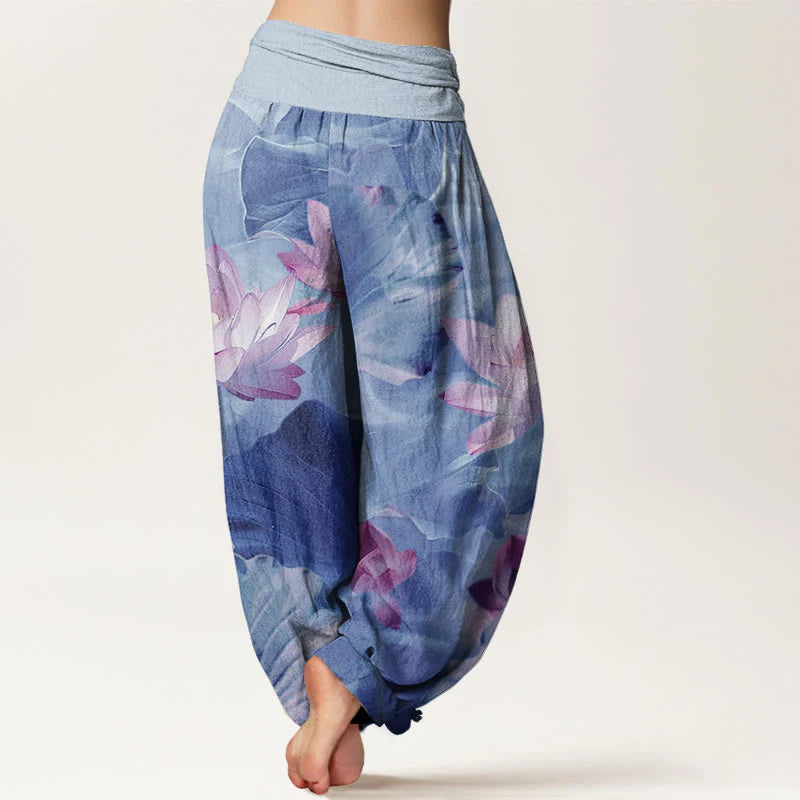 Buddha Stones Cotton Casual Lotus Petal Pond Pattern Women's Elastic Waist Harem Pants