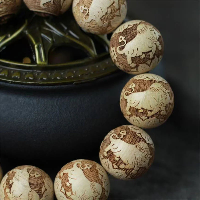 Buddha Stones Camphor Wood Yin Yang Ox Engraved Clarity Bracelet