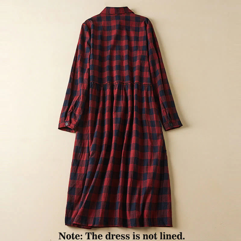 Buddha Stones Contrast Color Plaid Buttons Design Long Sleeve Midi Dress With Pockets
