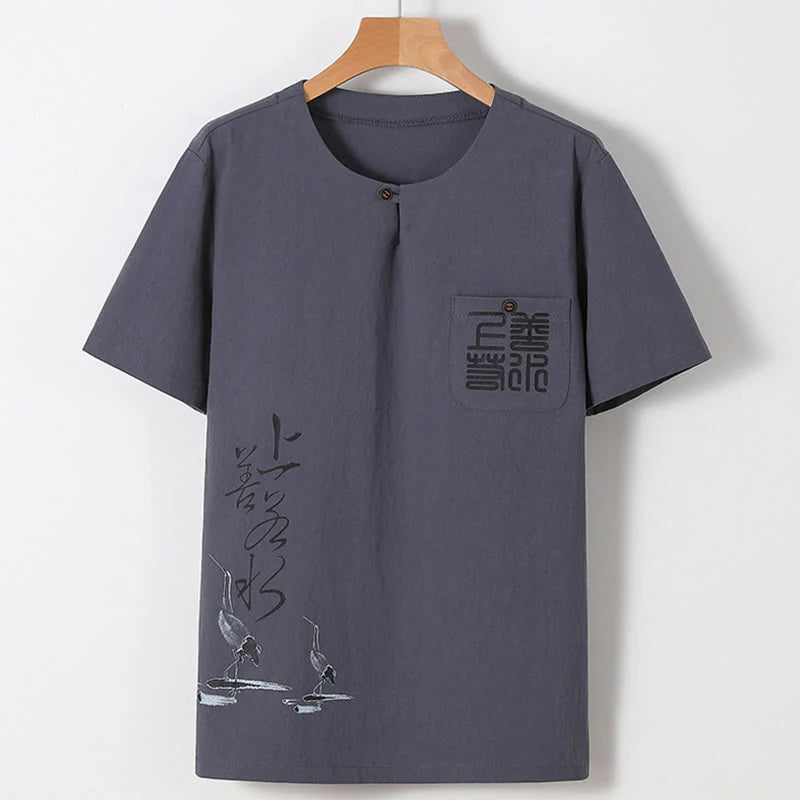 Buddha Stones 2Pcs Chinese Characters Crane Cotton Shirt Pants With Pockets Men's Meditation Cloth Set