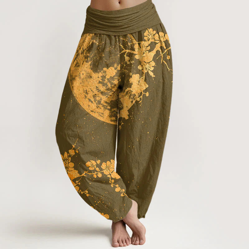 Buddha Stones Cotton Golden Plum Blossom Full Moon Pattern Women's Elastic Waist Harem Pants