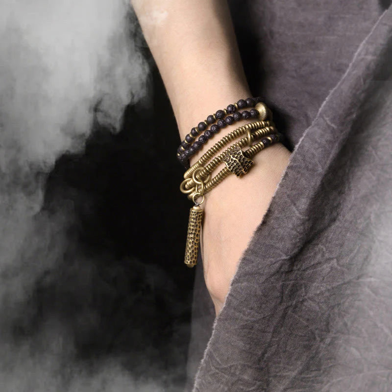 Buddha Stones Vintage Lava Rock Brass Copper Healing Multilayered Bracelet