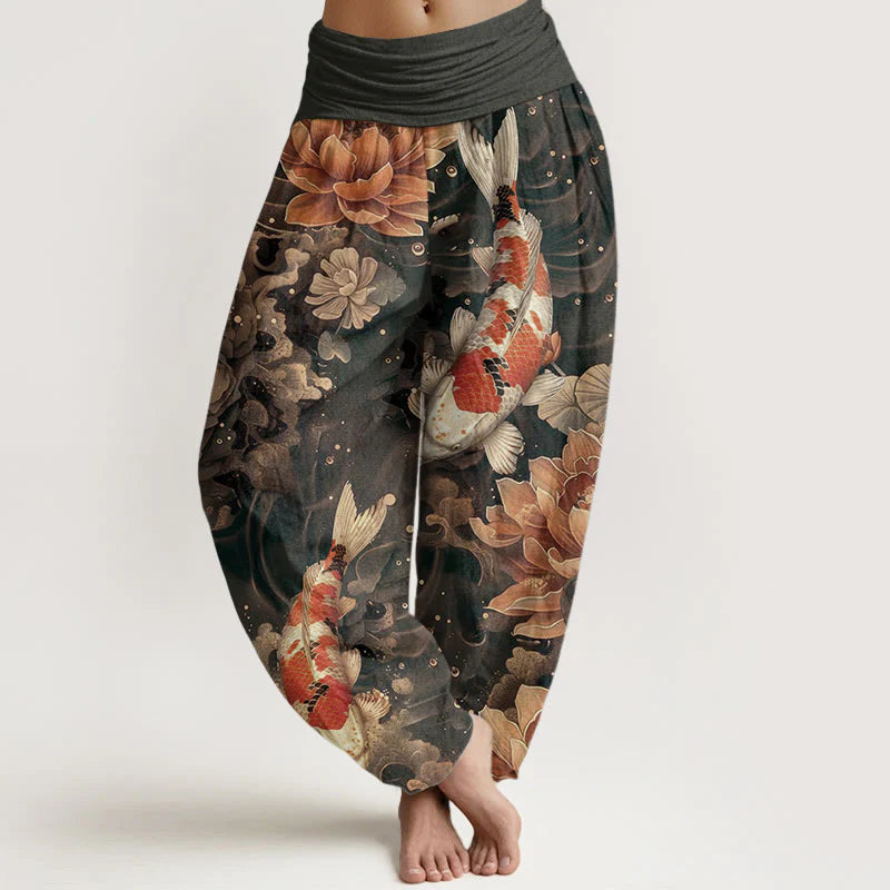 Buddha Stones Pure Cotton Colorful Koi Fish Lotus Flowers Design Women's Elastic Waist Harem Pants