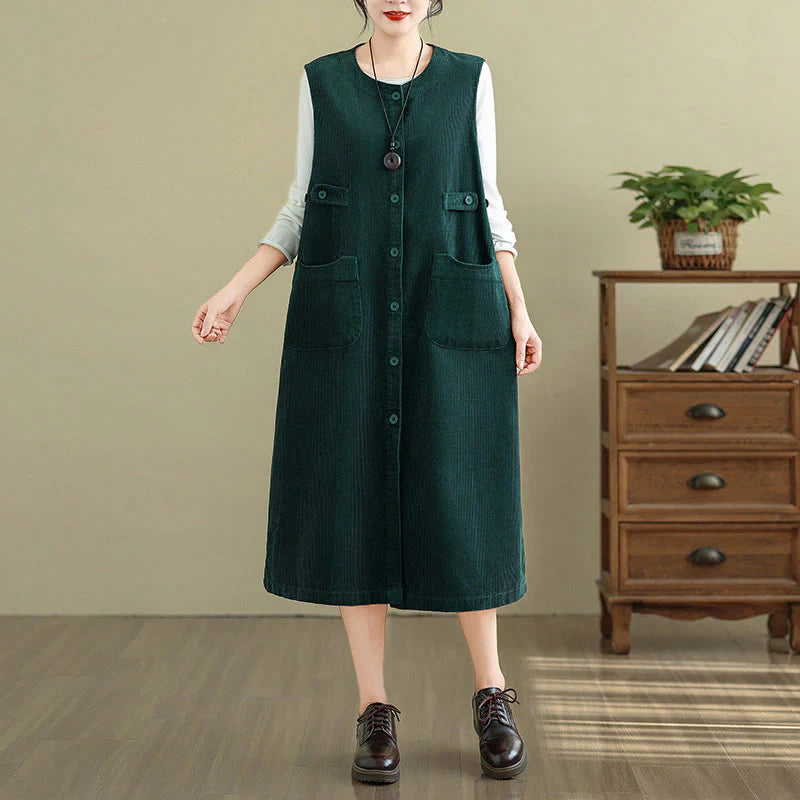 Buddha Stones Pure Colo Buttons Sleeveless Midi Dress With Pockets