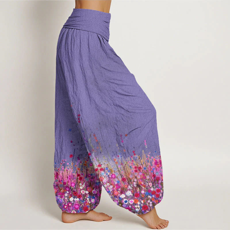 Buddha Stones Cotton Casual Colorful Wildflower Field Pattern Women's Elastic Waist Harem Pants