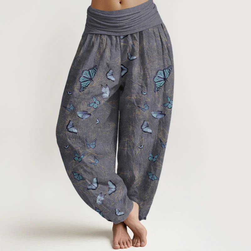 Buddha Stones Cotton Dreamlike Butterfly Leaf Pattern Women's Elastic Waist Harem Pants