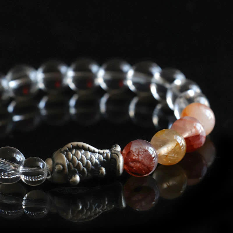 Buddha Stones Clear Quartz 999 Sterling Silver Koi Fish Protection Bracelet