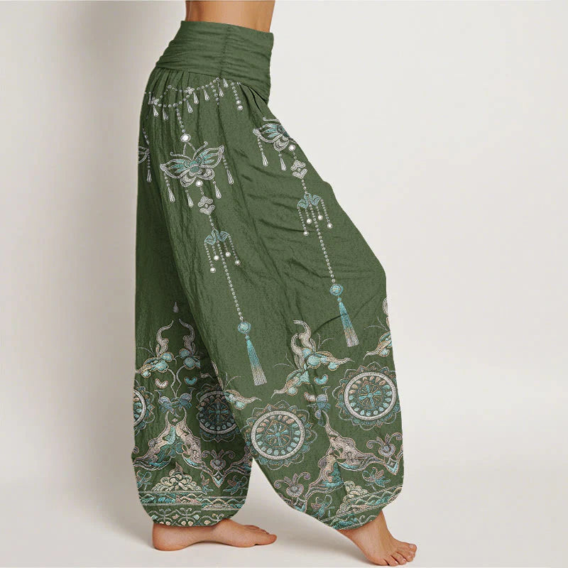 Buddha Stones Cotton Classic Jewelry Butterfly Flower Tassel Pattern Women's Elastic Waist Harem Pants
