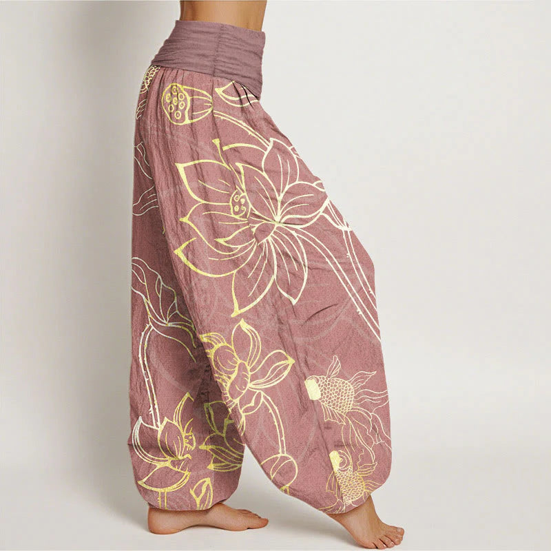 Buddha Stones Cotton Lotus Leaf Koi Fish Women's Elastic Waist Harem Pants