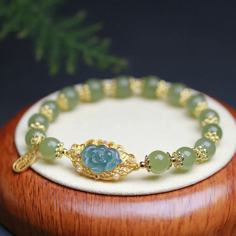 Buddha Stones 925 Sterling Silver Plated 14K Gold Hetian Jade Lotus Luck Bracelet