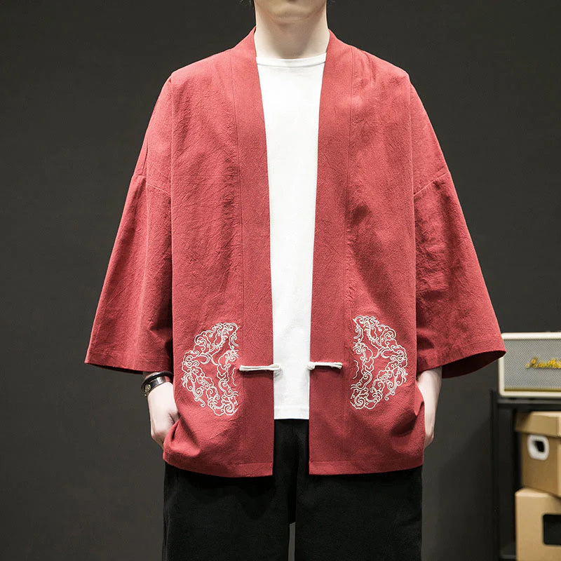 Buddha Stones Solid Auspicious Clouds Open Front Long Sleeve Jacket Men's Cotton Kimono