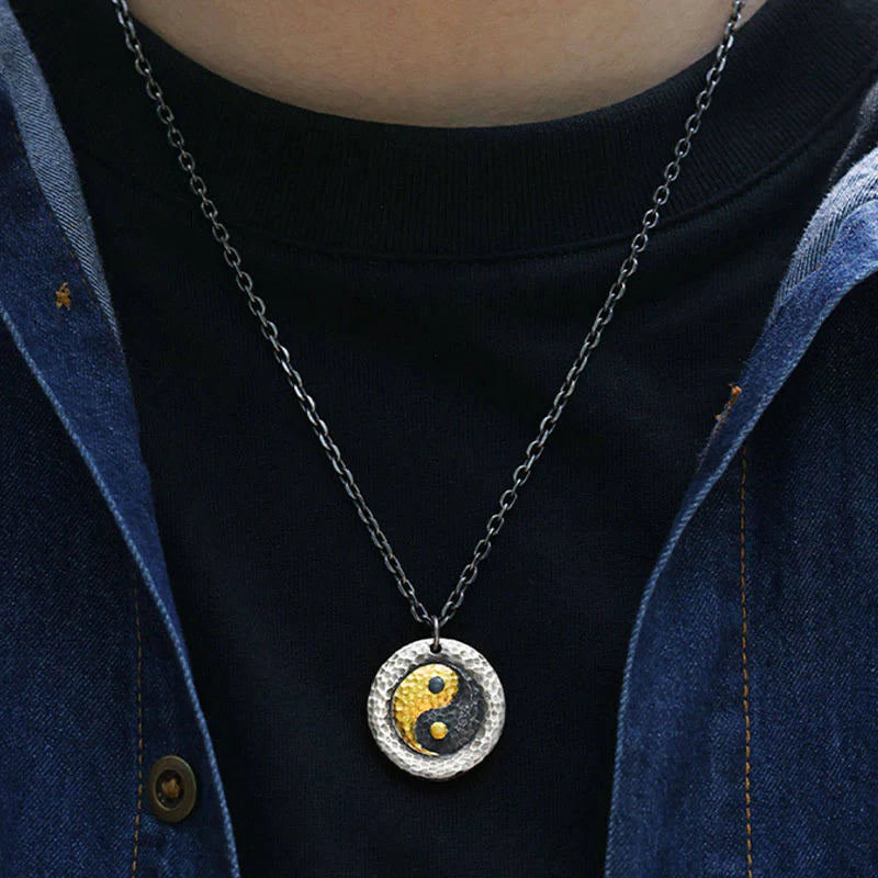 Buddha Stones 999 Sterling Silver 999 Gold Yin Yang Balance Titanium Steel Chain Necklace Pendant