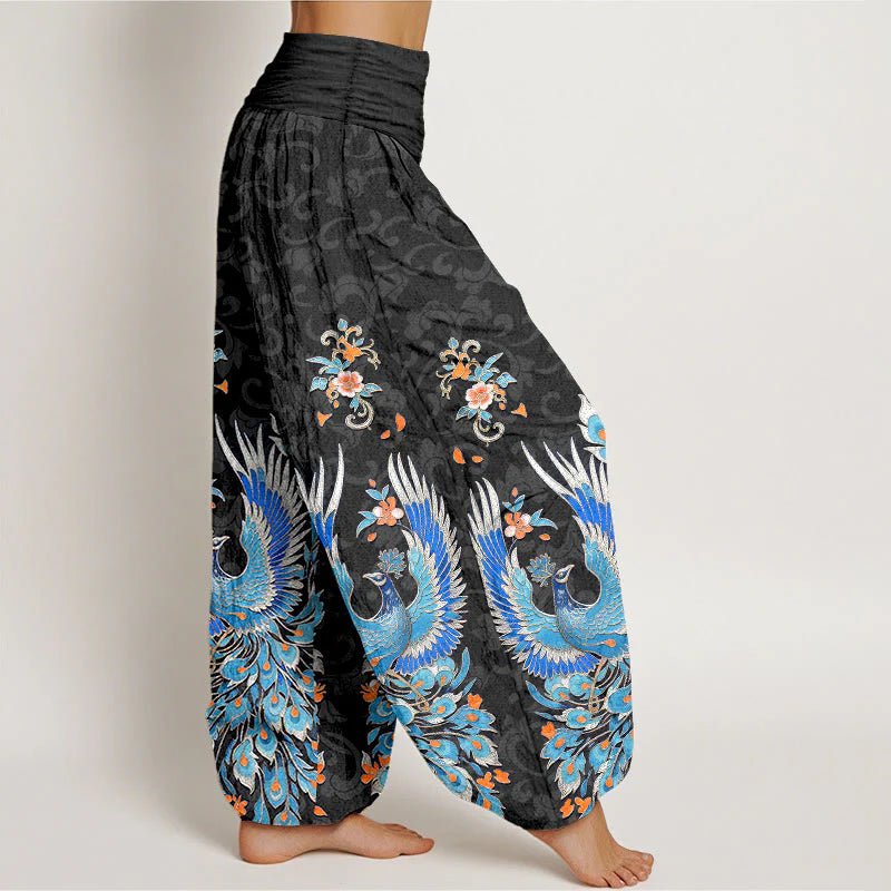 Buddha Stones Cotton Phoenix Peach Blossom Pattern Women's Elastic Waist Harem Pants