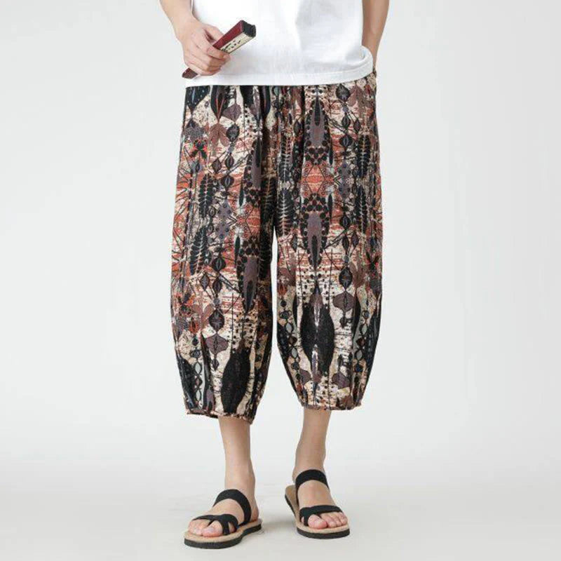 Buddha Stones Summer Square Patchwork Elephant Mandala Geometry Cotton Linen Men's 7-8 Length Pants With Pockets