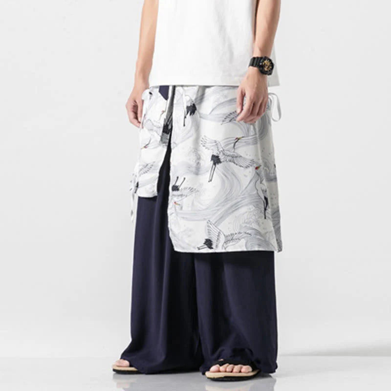 Buddha Stones Summer Flying Crane Design Cotton Men's Wide Leg Pants With Pockets