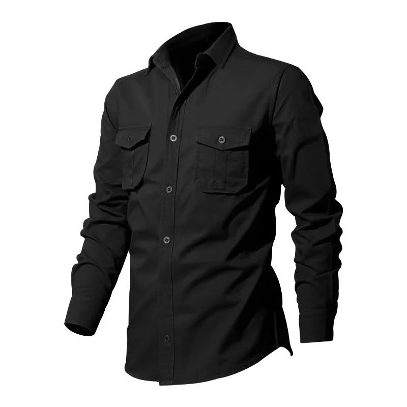 Buddha Stones Solid Color Men's Stand Collar Long Sleeve Shirt With Pockets