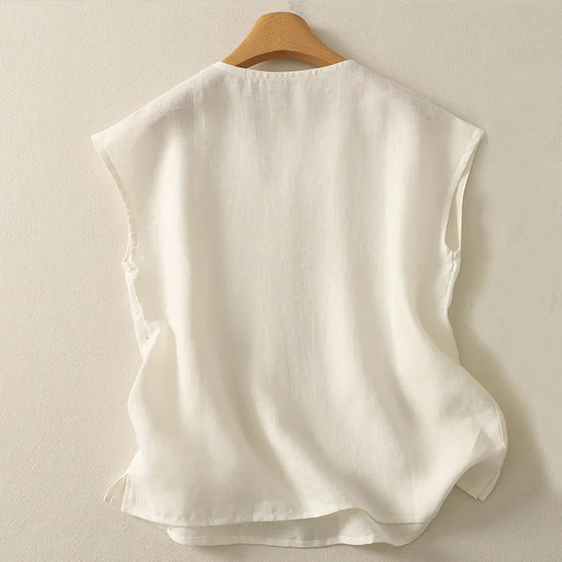 Buddha Stones Retro V-Neck Button Design Women's Cotton Sleeveless Vest