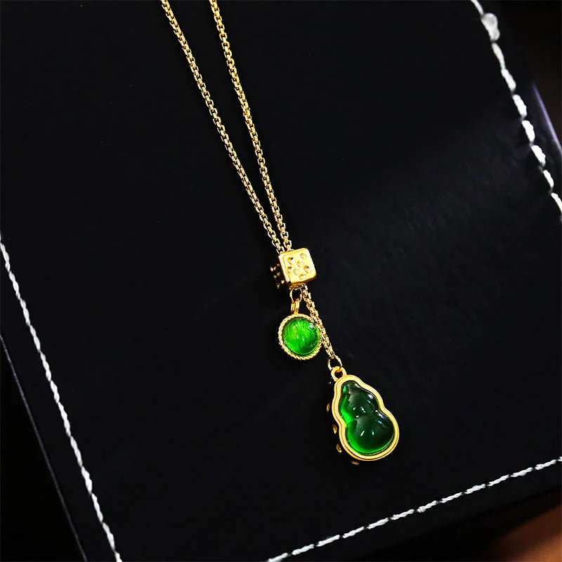 Buddha Stones Gourd Green Agate Copper Inlaid Design Luck Necklace Pendant