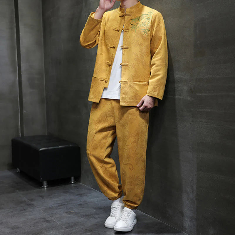 Buddha Stones 2Pcs Spring Dragon Bamboo Clouds Men's Tang Suit Frog-Button Cotton Long Sleeve Jacket Pants Set With Pockets