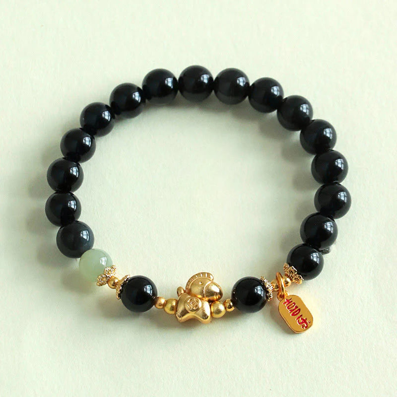 Buddha Stones Year Of The Horse Hetian Jade Black Obsidian Red Agate Strength Bracelet
