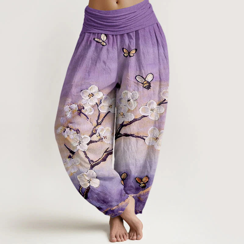 Buddha Stones Cotton Colourful Flower Butterfly Bee Pattern Women's Elastic Waist Harem Pants