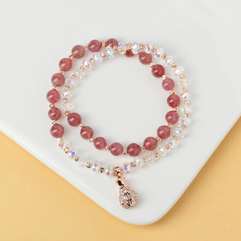Buddha Stones Strawberry Quartz White Crystal Money Bag Charm Positive Bracelet