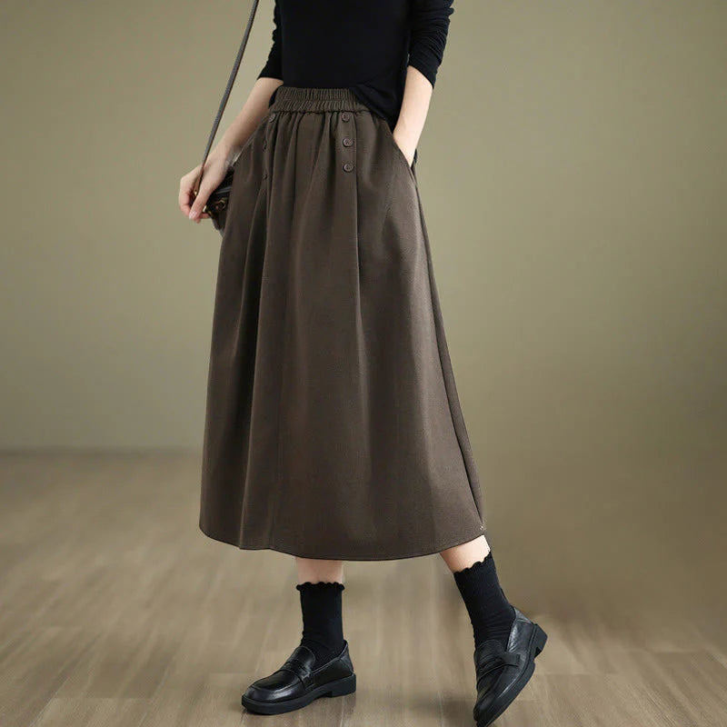 Buddha Stones Women's Winter Pure Color Cotton 7-8 Length Elastic Waistband Skirt With Pockets