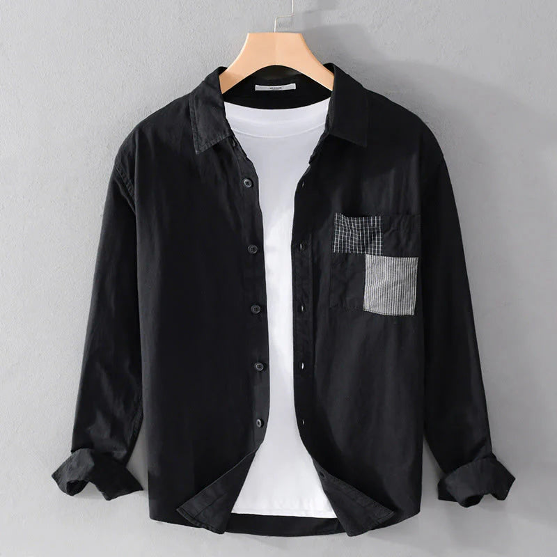 Buddha Stones Fall Square Color Blocking Decorative Pocket Buttons Down Stand Collar Long Sleeve Men's Cotton Shirt