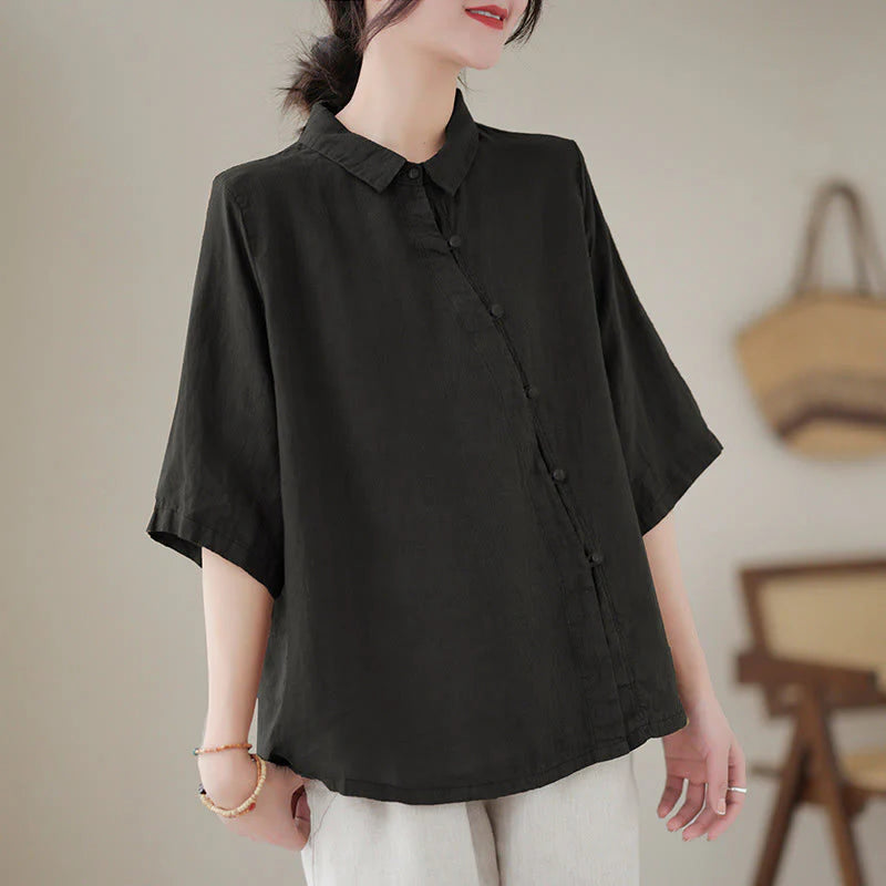 Buddha Stones Lapel Frog-Button Diagonal Placket Design Three Quarter Sleeve Women's Cotton Shirt