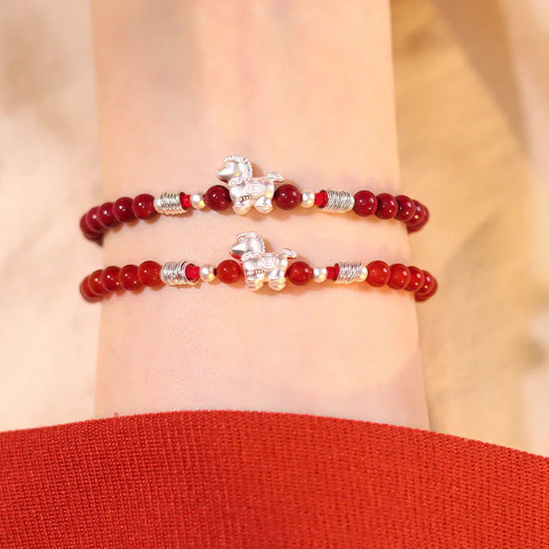 Buddha Stones Year Of The Horse Red Agate 999 Sterling Silver Cinnabar Calm Bracelet